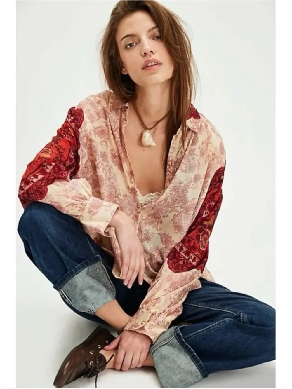 Free People Western Bohemian Dainty Rose Bud Button Down Oversized Blouse Medium